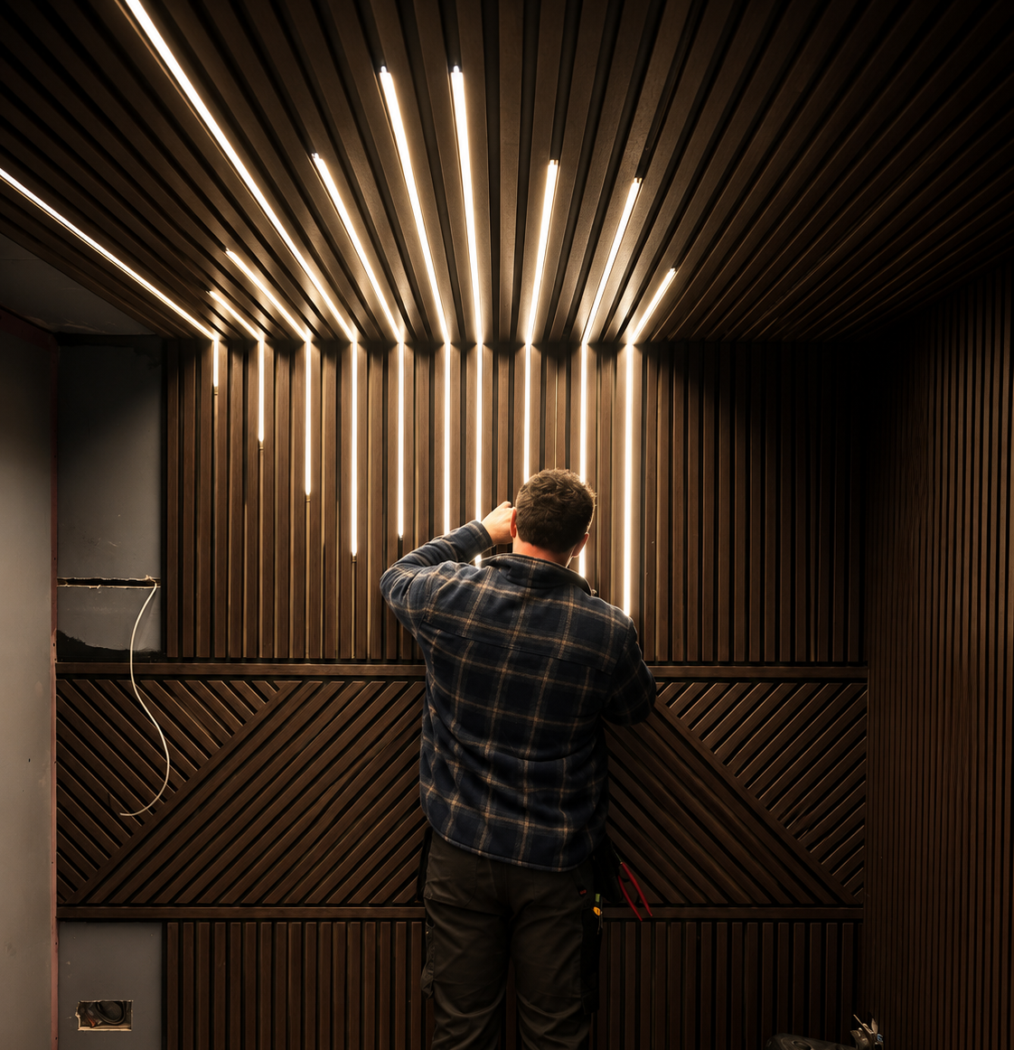 Bespoke walnut media wall with feature lighting detail